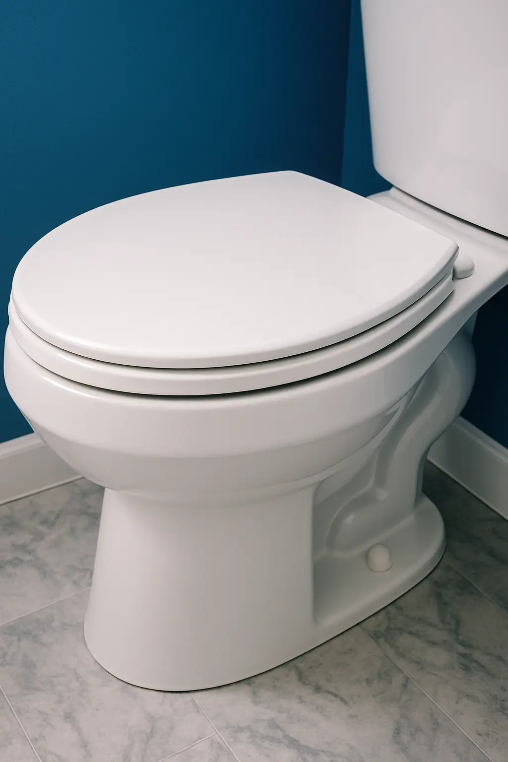 Close-up view of a modern white toilet with lid closed, set against a blue wall and marble-patterned vinyl flooring in a minimalist bathroom.
