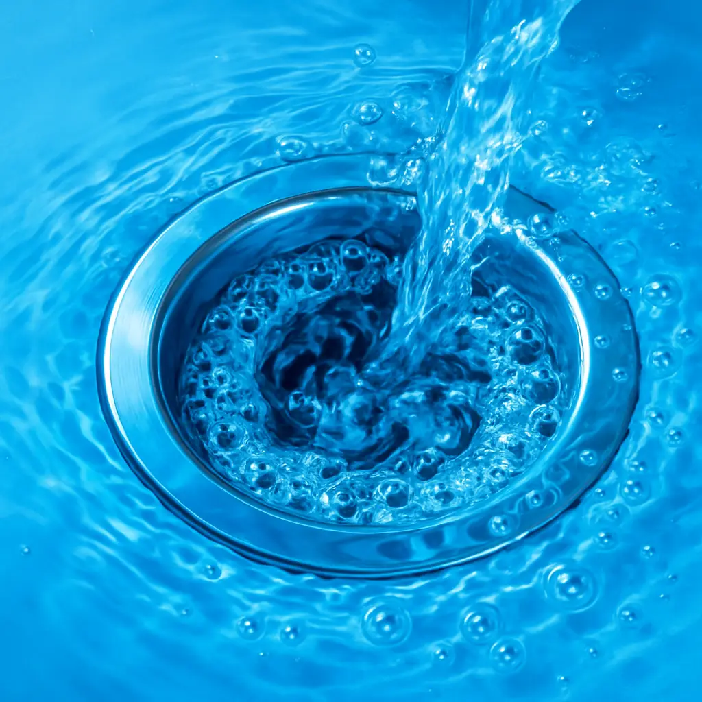 Close-up of clear blue water swirling into a stainless steel sink drain, highlighting motion and cleanliness—ideal for plumbing or drain cleaning services.